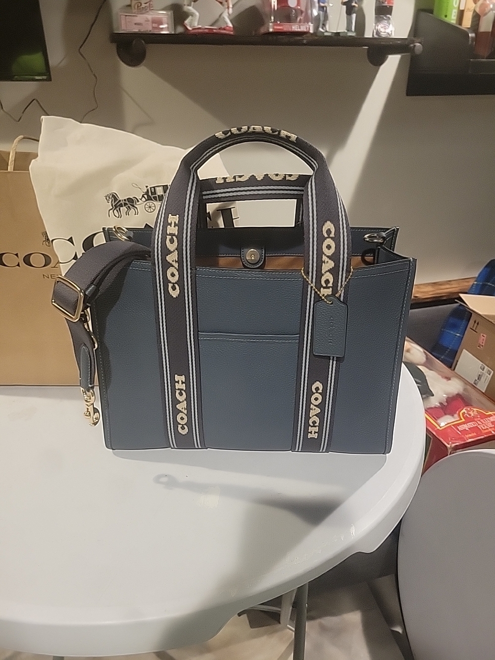 Coach Navy Logo Strap Leather Tote - Picture 2 of 16